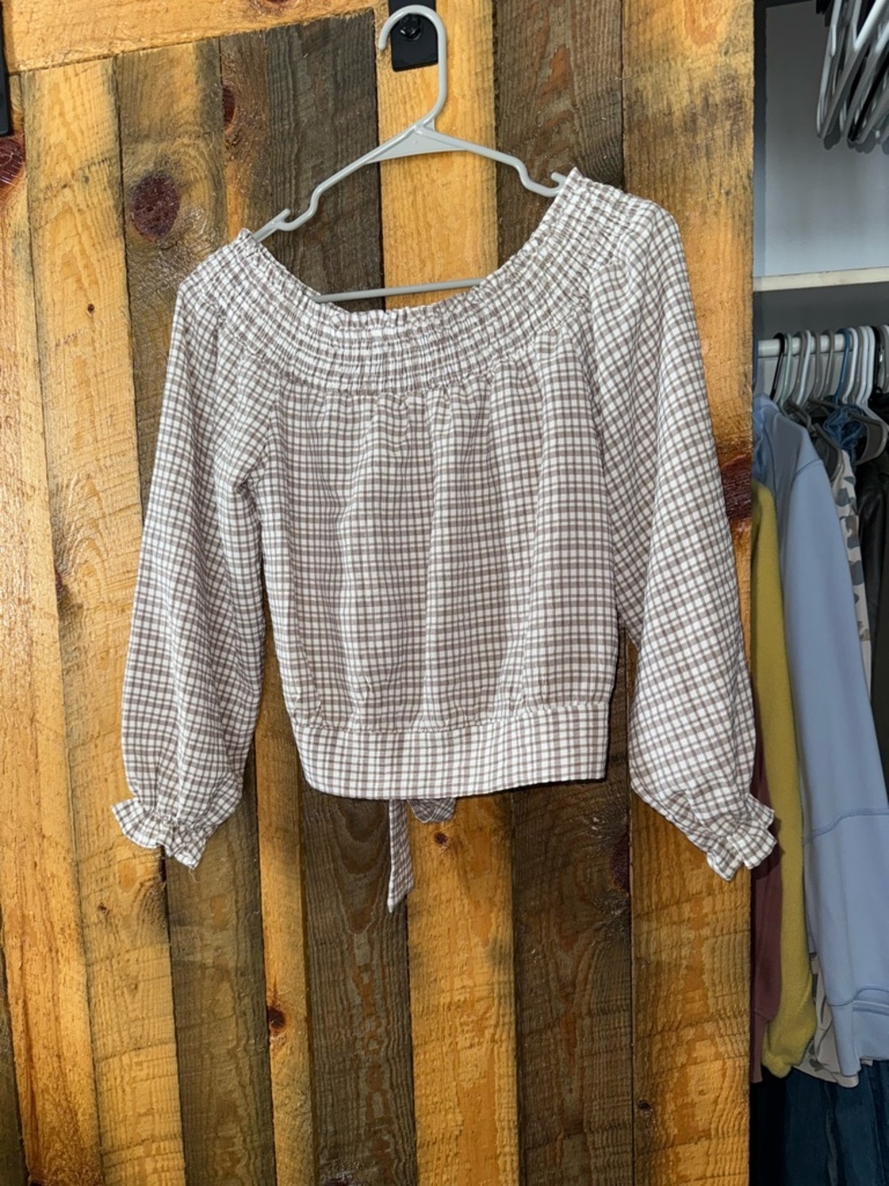 Smocked Off-Shoulder Plaid Top